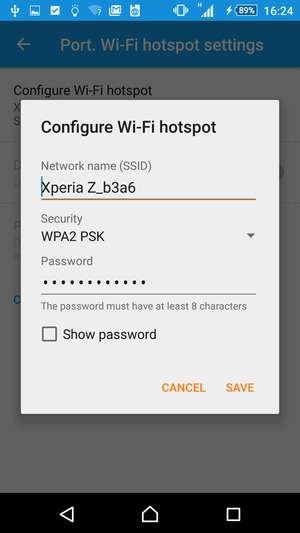 Enter a Wi-Fi hotspot password of at least 8 characters and select SAVE