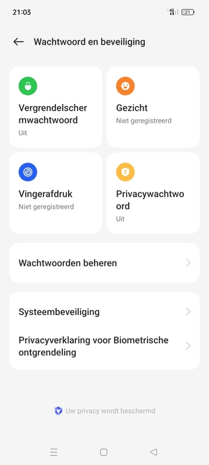 Om uw schermvergrendeling te activeren, ga naar het Wachtwoord en beveiliging-menu en selecteer Vergrendelscherm wachtwoord