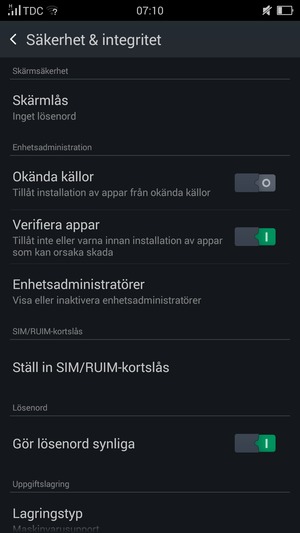För att byta SIM-kortets PIN, återgå till Säkerhet & integritet-menyn och välj Ställ in SIM/RUIM-kortslås