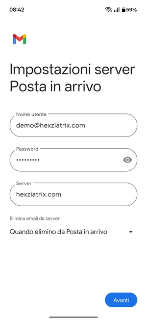 Inserisci Nome utente e l'indirizzo del server di posta in arrivo. Seleziona Avanti