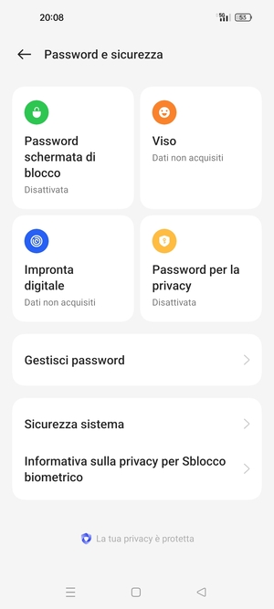 Per attivare il blocco dello schermo, vai al menu Password e sicurezza e seleziona Password schemata di blocco