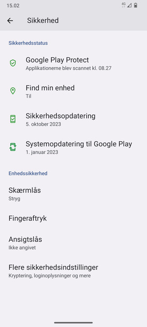 For at ændre PIN-koden til sim-kortet, gå til menuen Sikkerhed og  vælg Flere sikkerhedsindstillinger