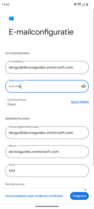Voer Gebruikersnaam en Exchange serveradres in. Selecteer Volgende