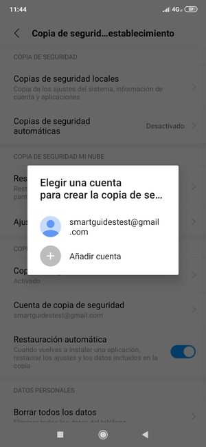 Seleccione su cuenta de copia de seguridad