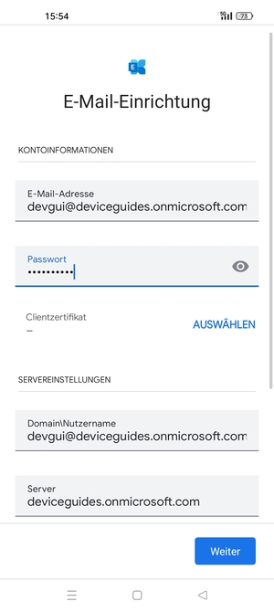 Geben Sie Benutzername und Exchange Server-Adresse ein. Wählen Sie Weiter