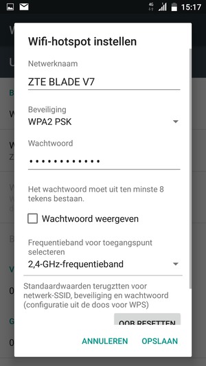 Voer een wachtwoord van een WiFi-hotspot in van ten minste 8 tekens en selecteer OPSLAAN
