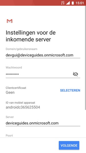 Voer Gebruikersnaam en Exchange serveradres in. Selecteer VOLGENDE