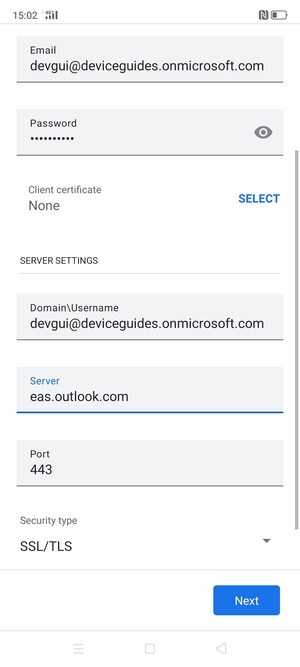 Scroll down and enter Username and Exchange server address. Select NEXT
