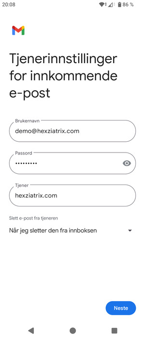 Skriv inn Brukernavn og innkommende serveradresse. Velg Neste