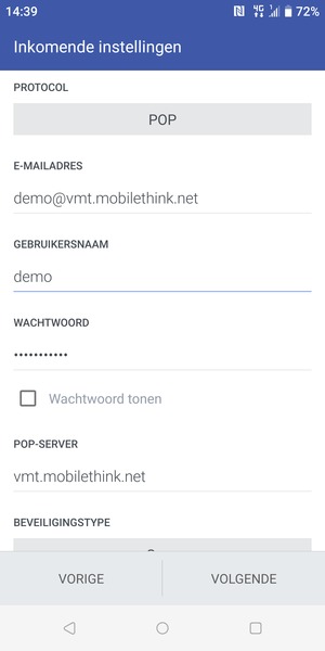 Voer Gebruikersnaam en binnenkomend serveradres in. Selecteer VOLGENDE