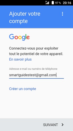 Saisissez votre adresse Gmail et sélectionnez SUIVANT
