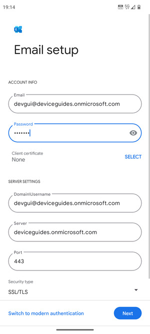 Enter Username and Exchange server address. Select Next