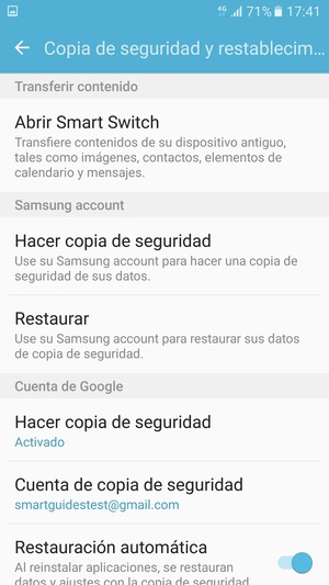 Seleccione Cuenta de copia de seguridad