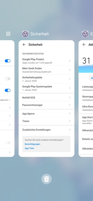Wählen Sie das Symbol Löschen, um alle laufende Apps zu schließen