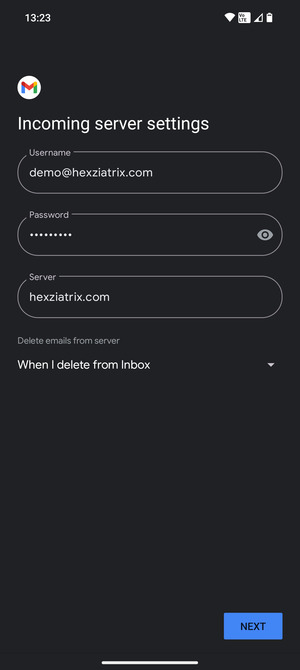 Enter Username and Incoming server address. Select NEXT
