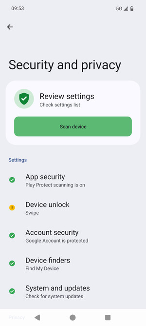 To activate your screen lock, return to the Security and privacy menu and select Device unlock