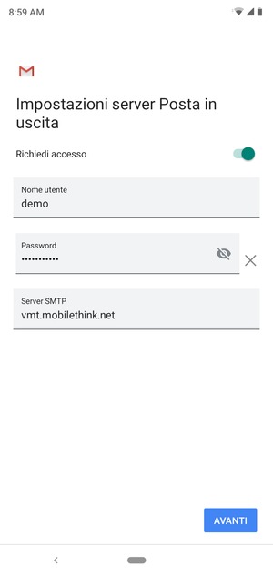 Inserisci l'indirizzo del server di posta in uscita