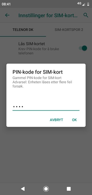 Skriv inn Gammel PIN-kode for SIM-kort og velg OK