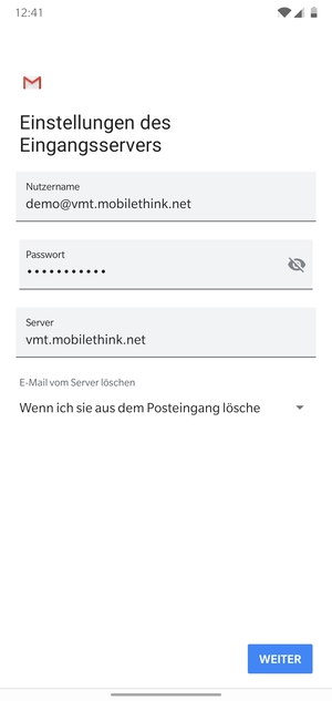 Geben Sie Nutzername und die Server-Adresse für eingehende Post ein. Wählen Sie WEITER