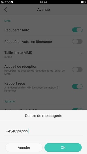 Saisissez le numéro du Centre de messagerie et sélectionnez OK