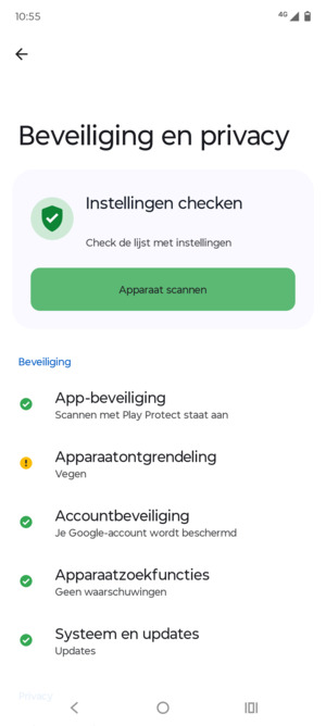 Om uw schermvergrendeling te activeren, ga naar het Beveiliging-menu en selecteer Apparaatontgrendeling