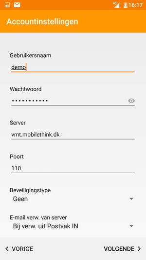 Voer Gebruikersnaam en inkomend serveradres in. Selecteer Volgende