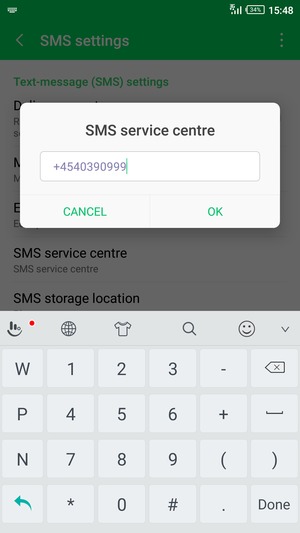 Enter the SMS service centre number and select OK