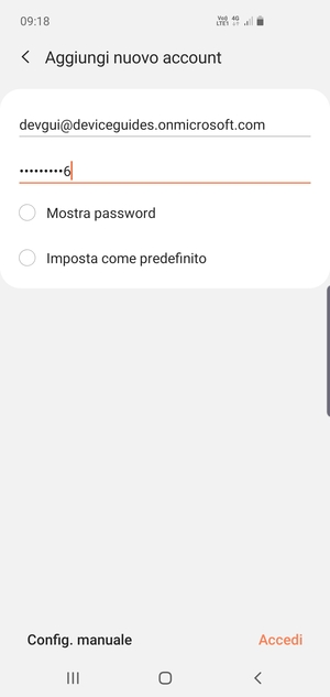 Inserisci il tuo indirizzo email e password. Seleziona Config. manuale