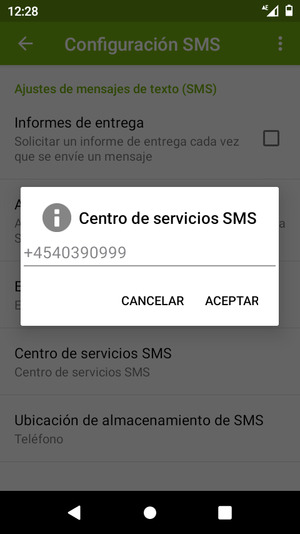 Introduzca el número de Centro de servicios SMS y seleccione ACEPTAR