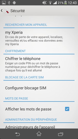 Pour modifier le code PIN de la carte SIM, retournez dans le menu Sécurité et sélectionnez Configurer blocage SIM