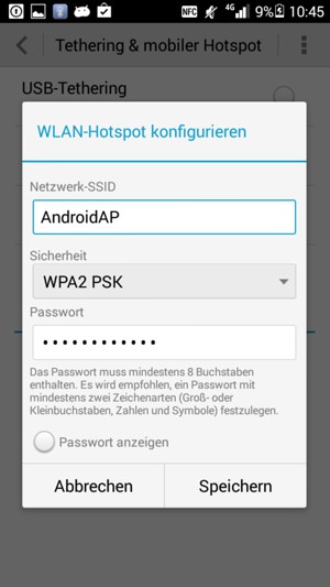 Geben Sie eine WLAN-Hotspot-Passwort mit mindestens 8 Zeichen ein und wählen Sie Speichern