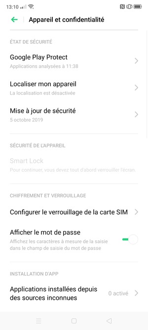 Faites défiler et sélectionnez Configurer le verrouillage de la carte SIM