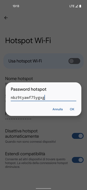Inserisci una password dell'hotspot Wi-Fi di almeno 8 caratteri e seleziona OK