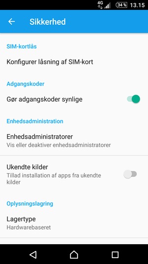 For at ændre PIN-koden til sim-kortet, vend tilbage til menuen Sikkerhed og scroll til og vælg Konfigurer låsning af SIM-kort