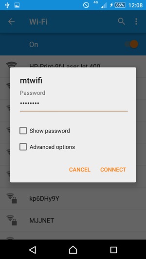 Enter the Wi-Fi password and select CONNECT