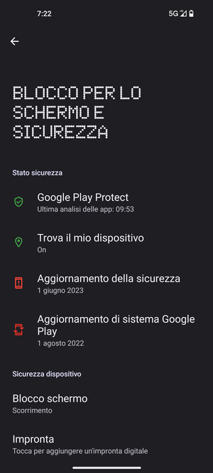 Per attivare il blocco dello schermo, vai al menu Blocco per lo schermo e sicurezza e seleziona Blocco schermo