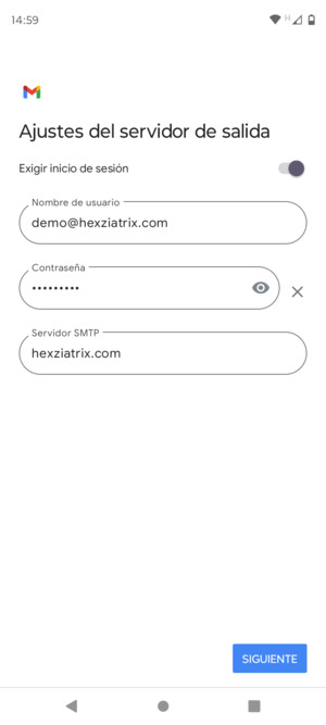 Introduzca la dirección de servidor saliente y seleccione SIGUIENTE