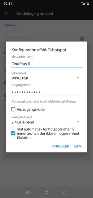 Indtast en Wi-Fi-hotspot adgangskode på minimum 8 tegn og vælg GEM