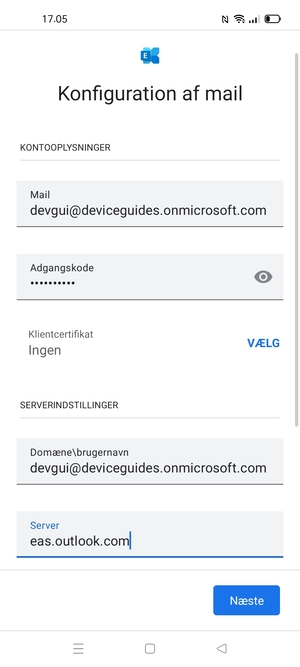 Indtast Brugernavn og Exchange serveradresse. Vælg Næste