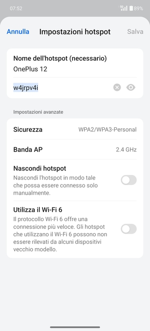 Inserisci una password dell'hotspot Wi-Fi di almeno 8 caratteri e seleziona Salva