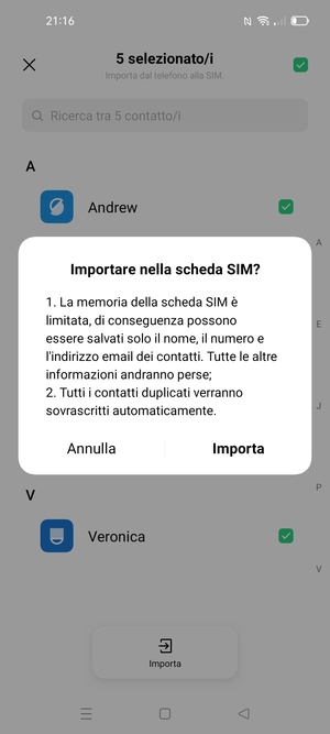 Seleziona Importa