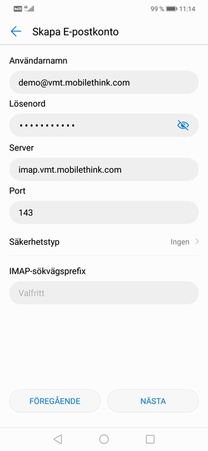 Ange Användarnamn och inkommande serveradress. Välj NÄSTA