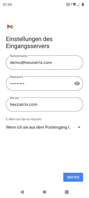 Geben Sie Benutzername und die Server-Adresse für eingehende Post ein. Wählen Sie WEITER