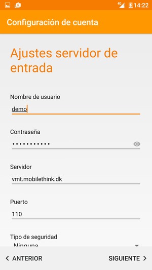 Introduzca Nombre de usuario y la dirección de servidor entrada. Seleccione SIGUIENTE
