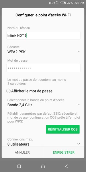 Saisissez un mot de passe de hotspot Wi-Fi d'au moins 8 caractères et sélectionnez ENREGISTRER