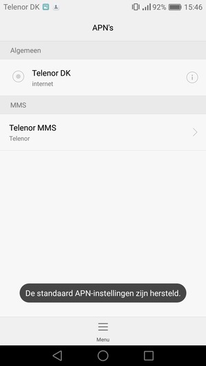 Uw telefoon wordt teruggezet naar standaard internet- en mms-instellingen