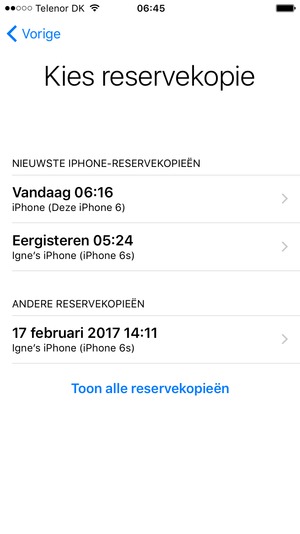 Selecteer de laatste back-up uit de lijst en selecteer Herstellen
