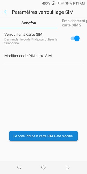 Votre code PIN de la carte SIM a été modifié