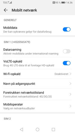 Scroll til SIM 1 eller SIM 2 og vælg Navn på adgangspunkt