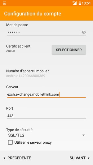 Faites défiler vers le bas et saisissez l'adresse du serveur Exchange. Sélectionnez SUIVANT